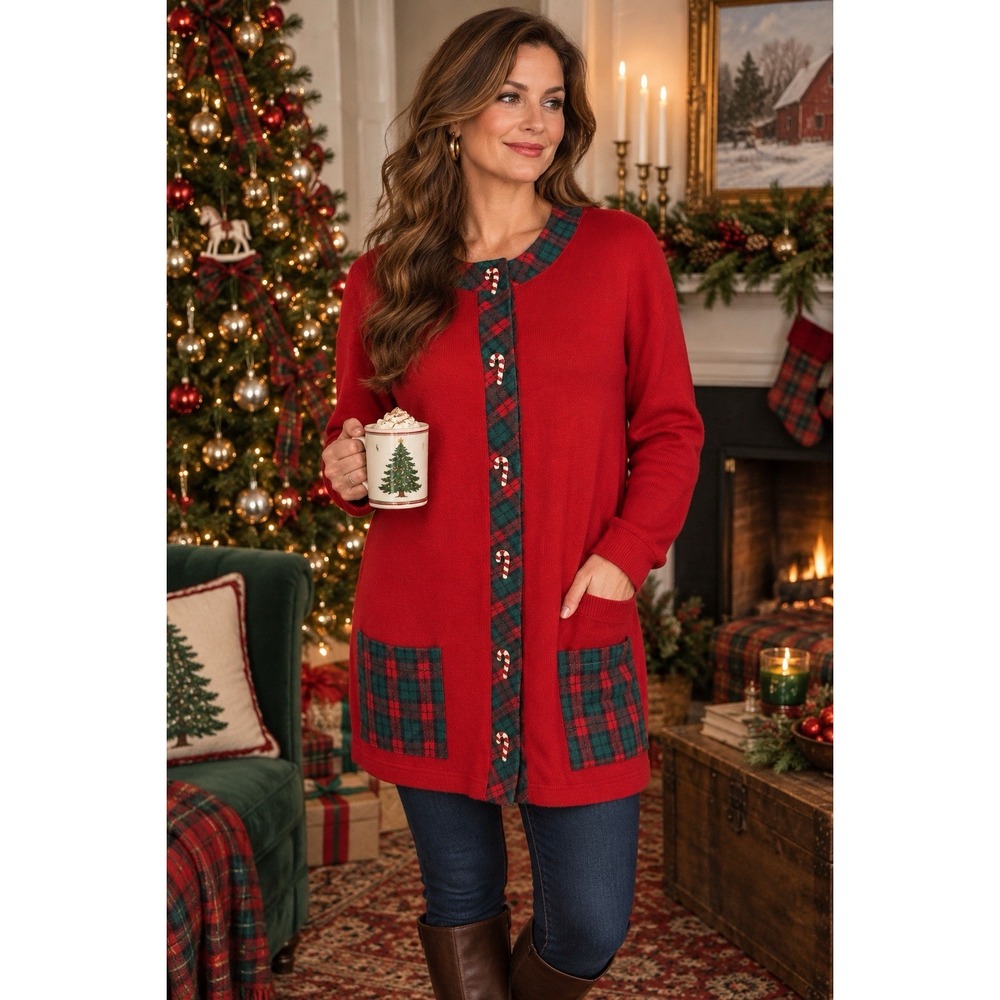 Vtg Frazier Lawrence Red Knit Cardigan Green Plaid Trim Size Medium Christmas